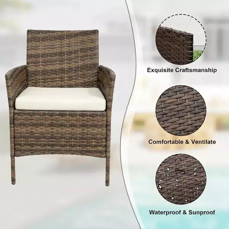 Ensemble de 3 meubles de patio extérieur, chaises en rotin PE avec coussins moelleux et table basse en verre trempé, ensemble de patio toutes saisons
