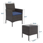 Ensemble de 3 meubles de patio extérieur, chaises en rotin PE avec coussins moelleux et table basse en verre trempé, ensemble de patio toutes saisons