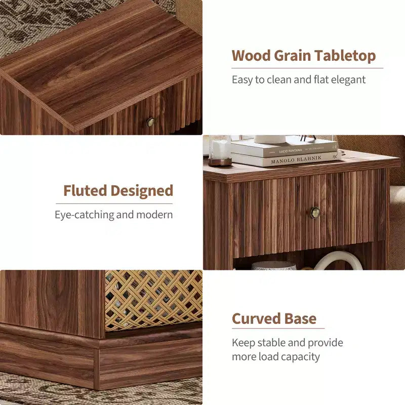 Table de chevet cannelée avec tiroir, Table de chevet de style moderne du milieu du siècle, Table d'appoint en bois pour chambre à coucher, Table d'appoint de salon pour petits espaces, Marron