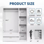 Armoire penderie en bois à 3 portes avec 2 tiroirs, armoire moderne avec portes et étagères, meuble de rangement vertical pour vêtements suspendus