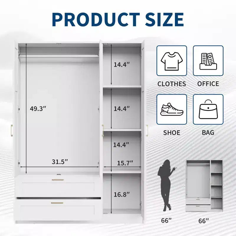 Armoire penderie en bois à 3 portes avec 2 tiroirs, armoire moderne avec portes et étagères, meuble de rangement vertical pour vêtements suspendus
