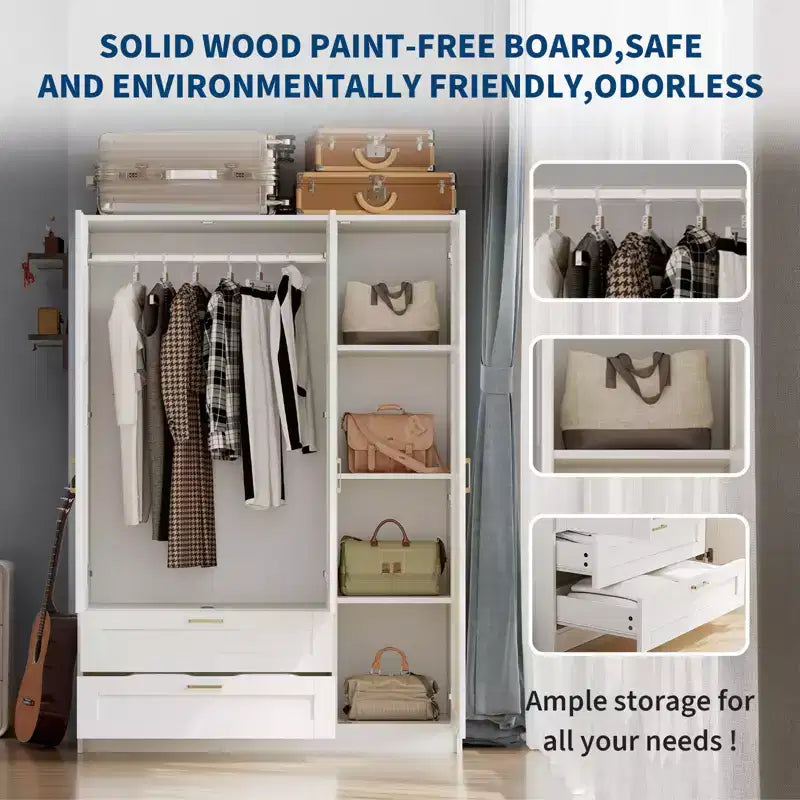 Armoire penderie en bois à 3 portes avec 2 tiroirs, armoire moderne avec portes et étagères, meuble de rangement vertical pour vêtements suspendus