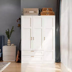 Armoire penderie en bois à 3 portes avec 2 tiroirs, armoire moderne avec portes et étagères, meuble de rangement vertical pour vêtements suspendus