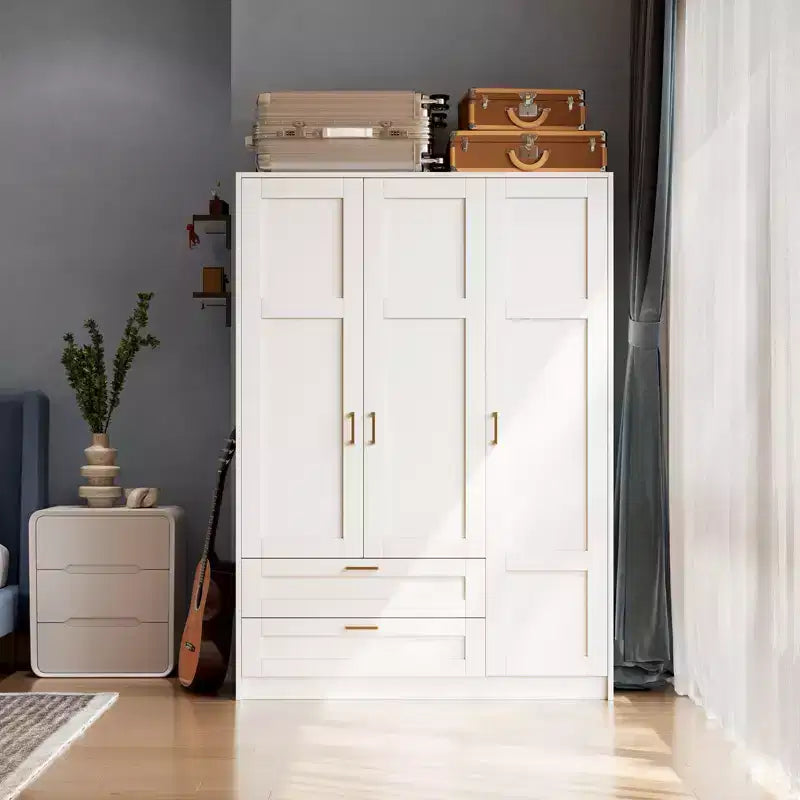 Armoire penderie en bois à 3 portes avec 2 tiroirs, armoire moderne avec portes et étagères, meuble de rangement vertical pour vêtements suspendus