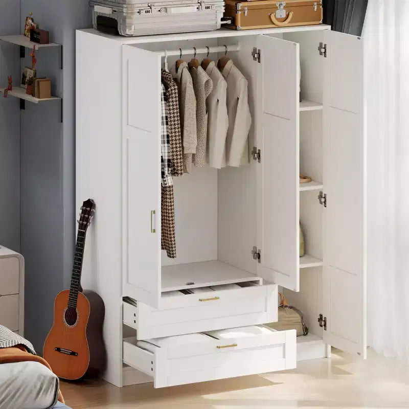 Armoire penderie en bois à 3 portes avec 2 tiroirs, armoire moderne avec portes et étagères, meuble de rangement vertical pour vêtements suspendus