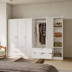 Armoire penderie en bois à 3 portes avec 2 tiroirs, armoire moderne avec portes et étagères, meuble de rangement vertical pour vêtements suspendus