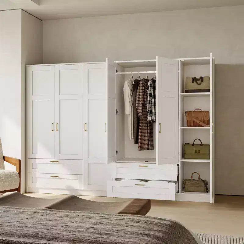 Armoire penderie en bois à 3 portes avec 2 tiroirs, armoire moderne avec portes et étagères, meuble de rangement vertical pour vêtements suspendus