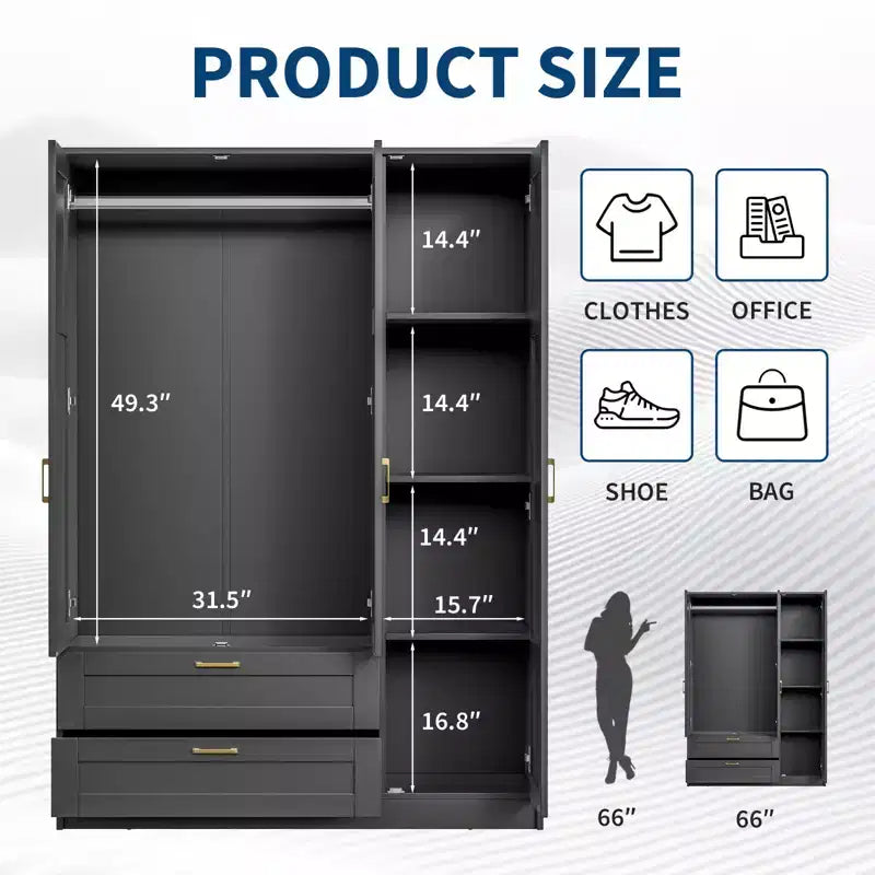 Armoire penderie en bois à 3 portes avec 2 tiroirs, armoire moderne avec portes et étagères, meuble de rangement vertical pour vêtements suspendus