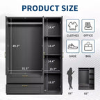 Armoire penderie en bois à 3 portes avec 2 tiroirs, armoire moderne avec portes et étagères, meuble de rangement vertical pour vêtements suspendus