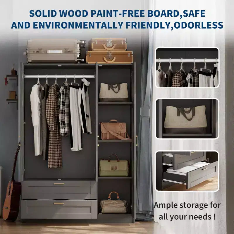 Armoire penderie en bois à 3 portes avec 2 tiroirs, armoire moderne avec portes et étagères, meuble de rangement vertical pour vêtements suspendus