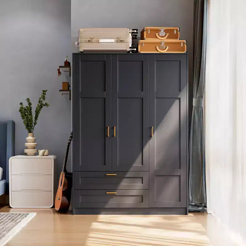 Armoire penderie en bois à 3 portes avec 2 tiroirs, armoire moderne avec portes et étagères, meuble de rangement vertical pour vêtements suspendus
