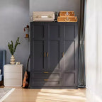 Armoire penderie en bois à 3 portes avec 2 tiroirs, armoire moderne avec portes et étagères, meuble de rangement vertical pour vêtements suspendus