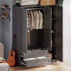 Armoire penderie en bois à 3 portes avec 2 tiroirs, armoire moderne avec portes et étagères, meuble de rangement vertical pour vêtements suspendus
