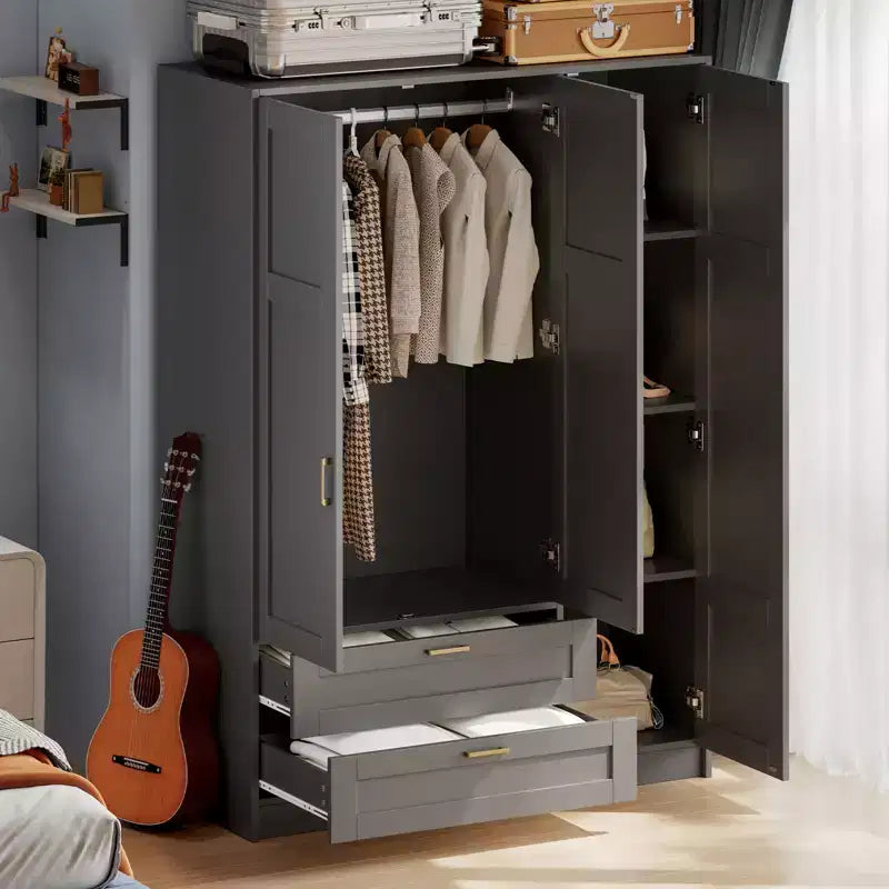 Armoire penderie en bois à 3 portes avec 2 tiroirs, armoire moderne avec portes et étagères, meuble de rangement vertical pour vêtements suspendus