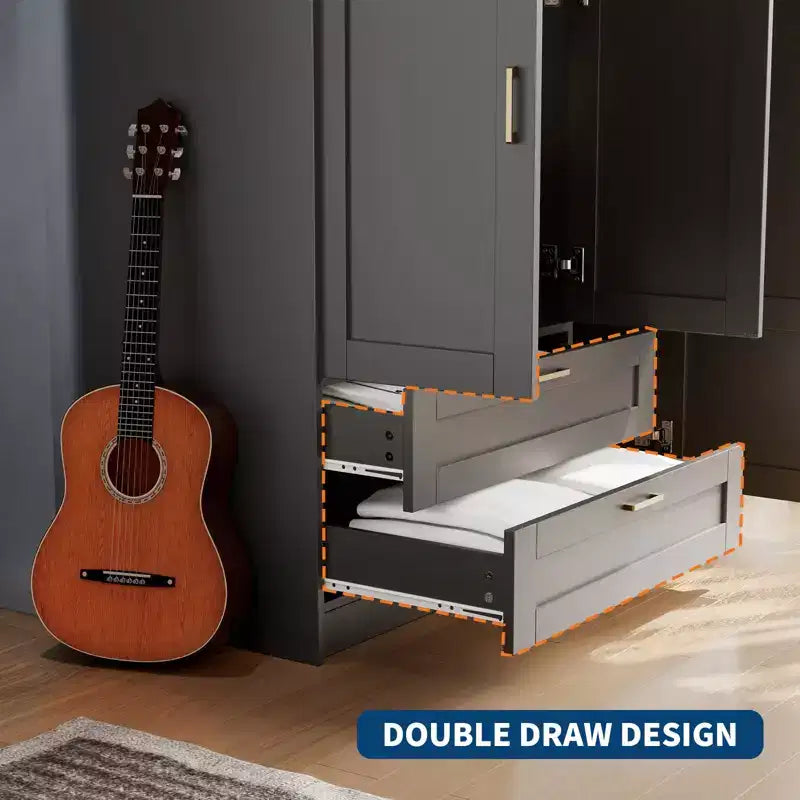 Armoire penderie en bois à 3 portes avec 2 tiroirs, armoire moderne avec portes et étagères, meuble de rangement vertical pour vêtements suspendus