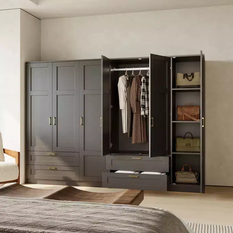 Armoire penderie en bois à 3 portes avec 2 tiroirs, armoire moderne avec portes et étagères, meuble de rangement vertical pour vêtements suspendus