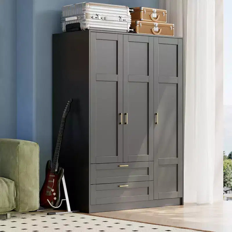 3 Doors Wooden Wardrobe Closet with 2 Drawers, Morden Wardrobe Armoire with Doors and Shelves, Standing Closet Cabinet for Hanging Clothes