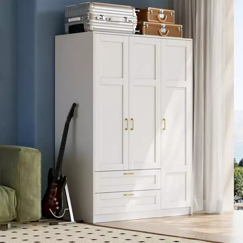 Armoire penderie en bois à 3 portes avec 2 tiroirs, armoire moderne avec portes et étagères, meuble de rangement vertical pour vêtements suspendus