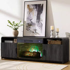 AMERLIFE 70in Fluted Fireplace TV Stand for TVs up to 80in with 30in Electric Fireplace Storage, Black