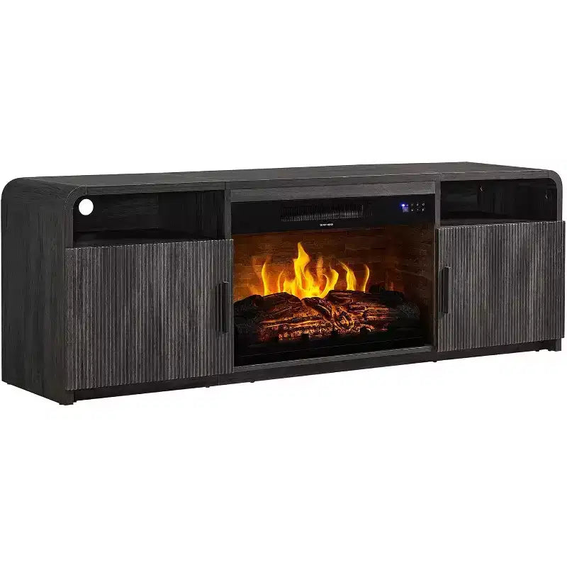 Meuble TV cannelé de 70 po pour téléviseurs jusqu'à 80 po avec rangement pour foyer électrique de 30 po, noir