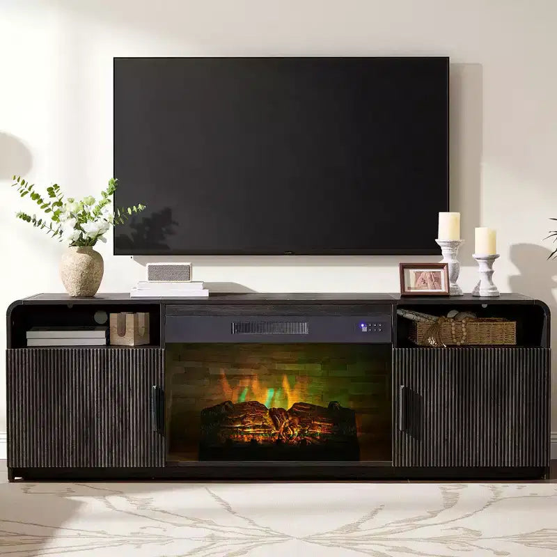 Meuble TV cannelé de 70 po pour téléviseurs jusqu'à 80 po avec rangement pour foyer électrique de 30 po, noir