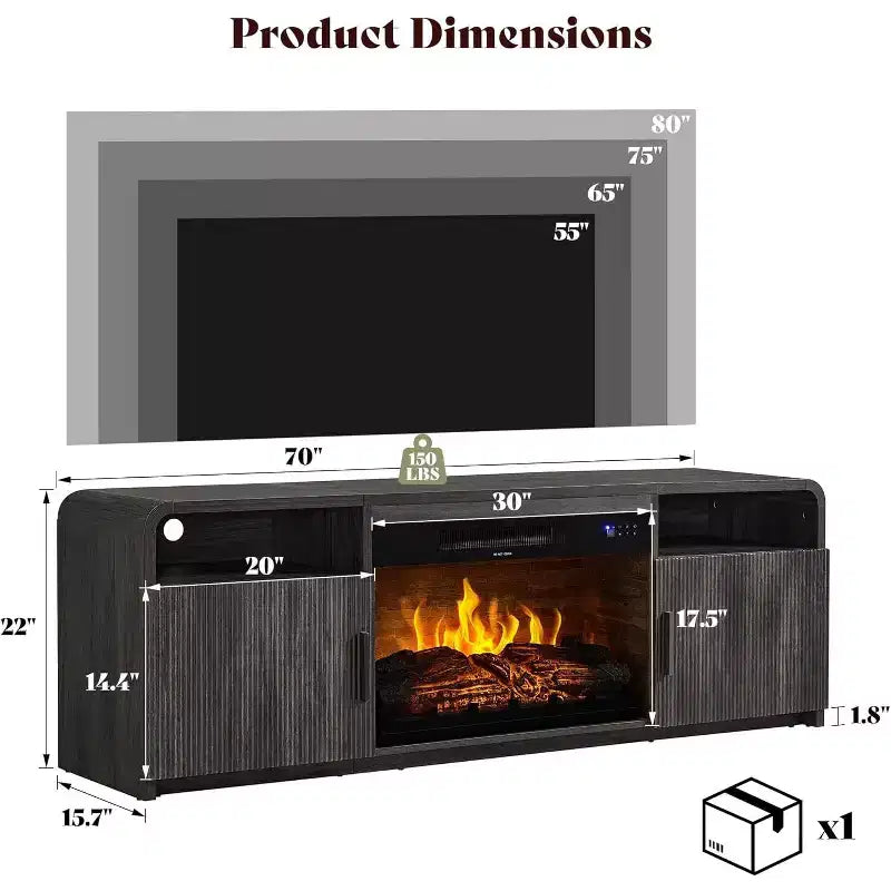 Meuble TV cannelé de 70 po pour téléviseurs jusqu'à 80 po avec rangement pour foyer électrique de 30 po, noir