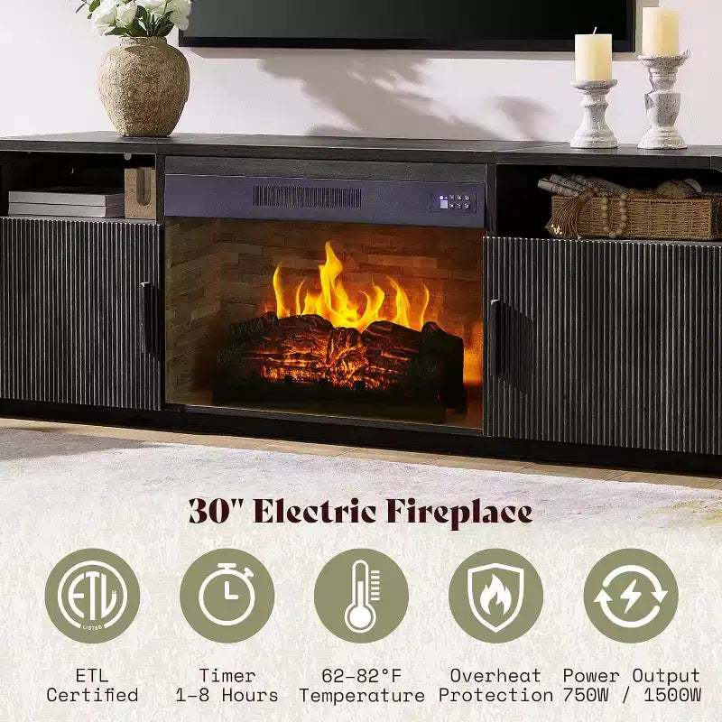 Meuble TV cannelé de 70 po pour téléviseurs jusqu'à 80 po avec rangement pour foyer électrique de 30 po, noir