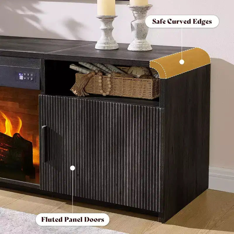 Meuble TV cannelé de 70 po pour téléviseurs jusqu'à 80 po avec rangement pour foyer électrique de 30 po, noir