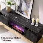 Meuble TV cannelé de 70 po pour téléviseurs jusqu'à 80 po avec rangement pour foyer électrique de 30 po, noir