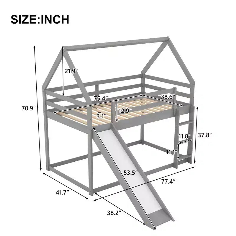 Lit en bois jumeau avec échelle, toboggan, garde-corps, assemblage facile