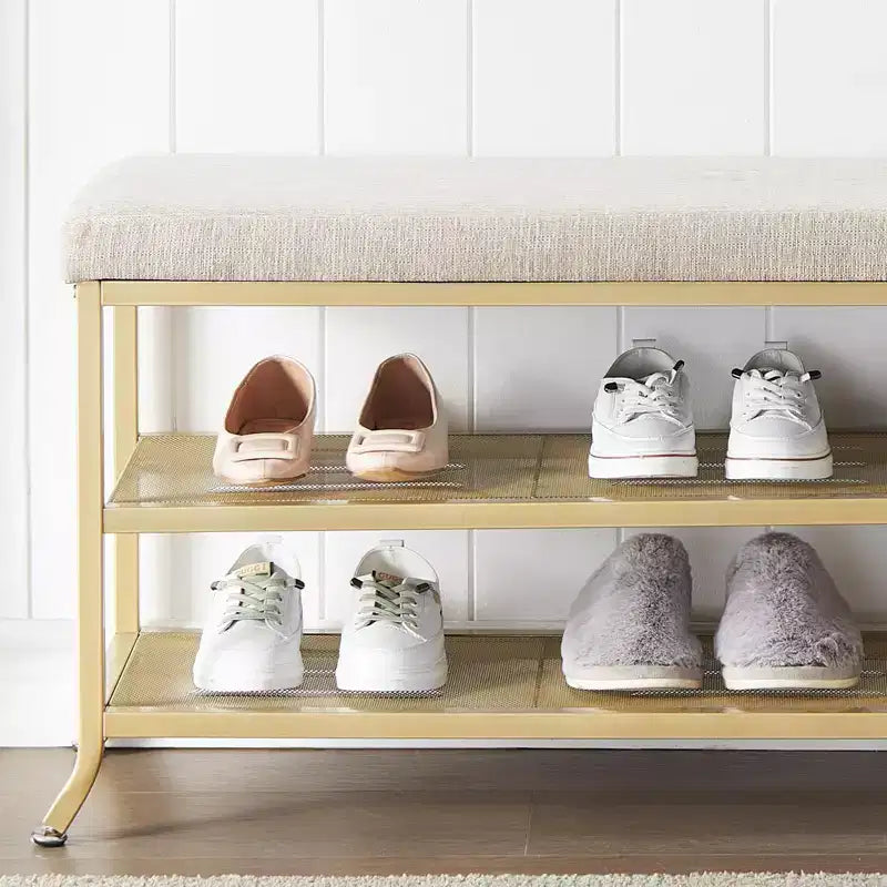 Banc à chaussures, porte-chaussures 2 niveaux, banc de rangement à chaussures avec coussin supporte jusqu'à 150 kg, organisateur pour couloir, salon, doré