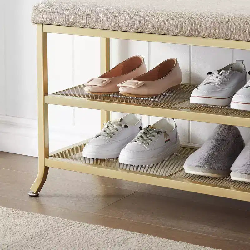 Banc à chaussures, porte-chaussures 2 niveaux, banc de rangement à chaussures avec coussin supporte jusqu'à 150 kg, organisateur pour couloir, salon, doré