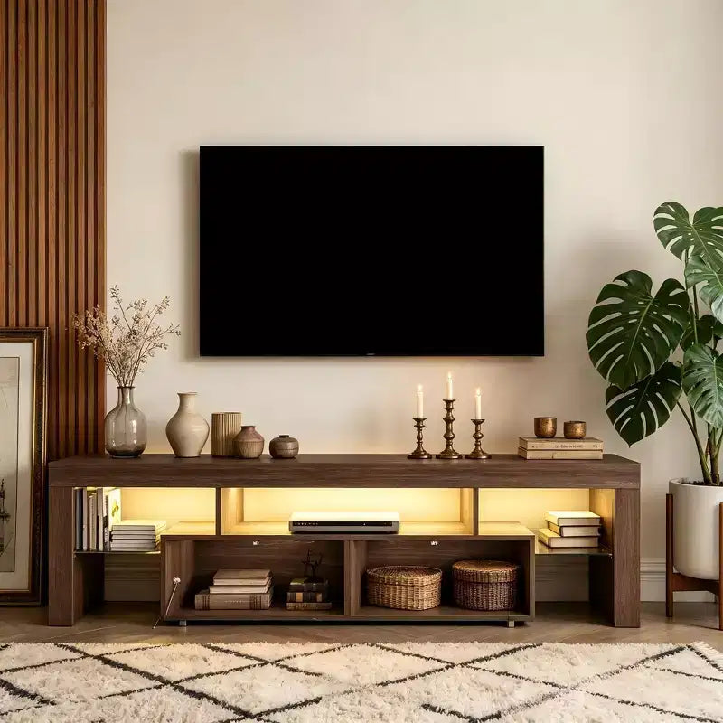JVNOXK Modern LED TV Stand with Large Storage Drawer for 40 50 55 60 65 70 75 Inch TVs, with Glossy Entertainment Center for Living Room, Bedroom,Wood