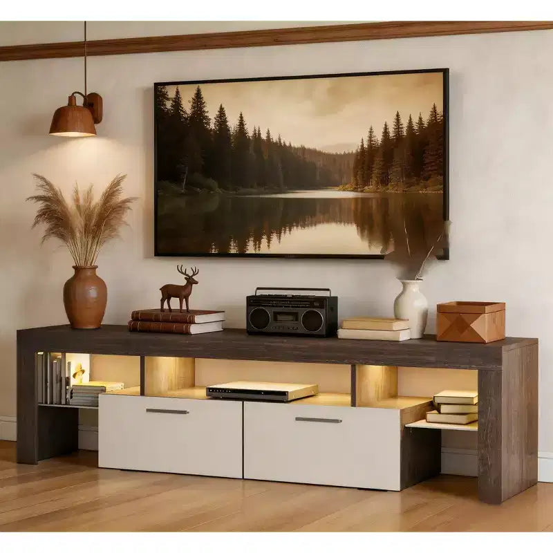 Meuble TV LED moderne avec grand tiroir de rangement pour téléviseurs de 40, 50, 55, 60, 65, 70, 75 pouces, avec centre de divertissement brillant pour salon, chambre à coucher, bois