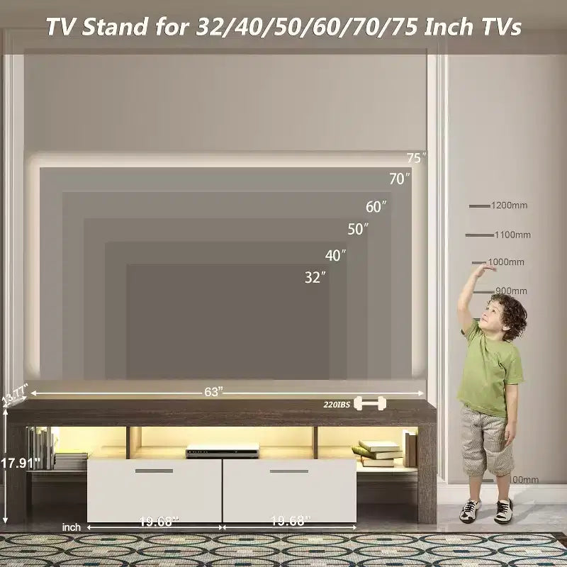 Meuble TV LED moderne avec grand tiroir de rangement pour téléviseurs de 40, 50, 55, 60, 65, 70, 75 pouces, avec centre de divertissement brillant pour salon, chambre à coucher, bois