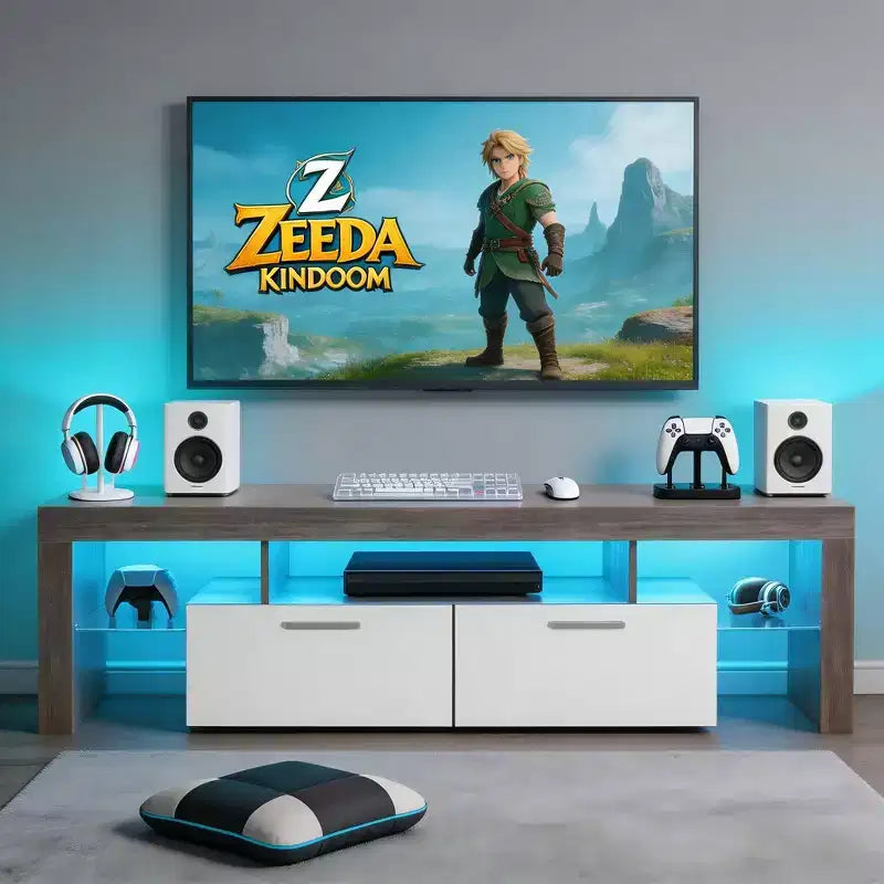 Meuble TV LED moderne avec grand tiroir de rangement pour téléviseurs de 40, 50, 55, 60, 65, 70, 75 pouces, avec centre de divertissement brillant pour salon, chambre à coucher, bois