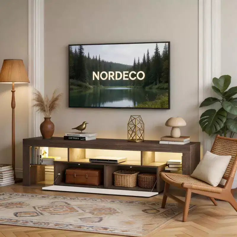Meuble TV LED moderne avec grand tiroir de rangement pour téléviseurs de 40, 50, 55, 60, 65, 70, 75 pouces, avec centre de divertissement brillant pour salon, chambre à coucher, bois