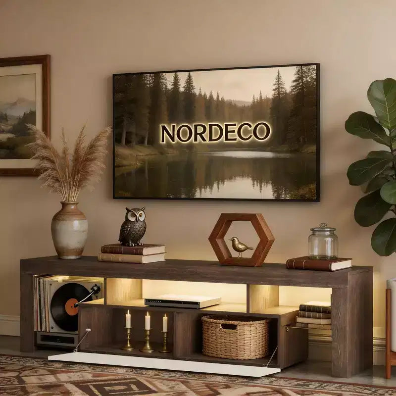 Meuble TV LED moderne avec grand tiroir de rangement pour téléviseurs de 40, 50, 55, 60, 65, 70, 75 pouces, avec centre de divertissement brillant pour salon, chambre à coucher, bois