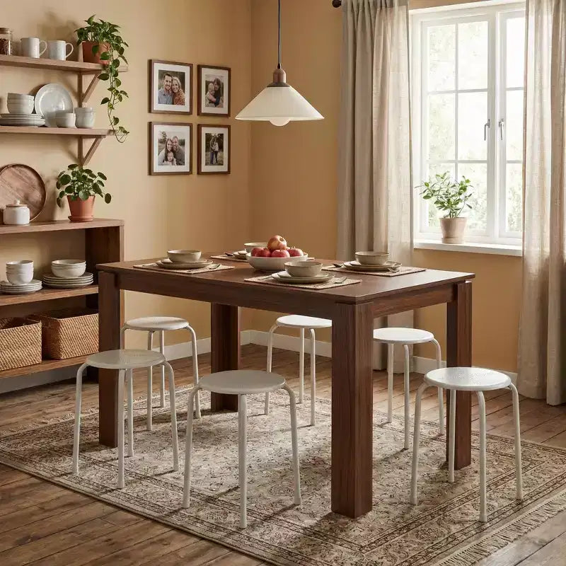 FurnitureR Dining Table Set for 6, Modern Kitchen Table with 6 Metal Stools, Space Saving Dining Set for Dining Room Kitchen Apartment