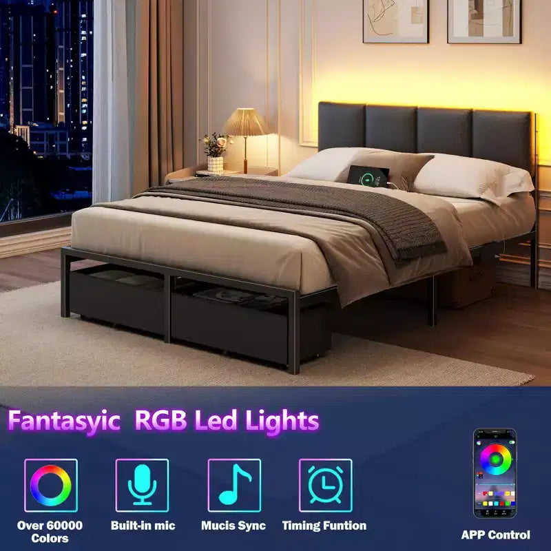 Cadre de lit plateforme rembourré pleine grandeur, lumières DEL, station de charge port USB, 2 tiroirs de rangement, pas besoin de sommier tapissier, simili cuir, métal, noir
