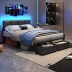 Cadre de lit plateforme rembourré pleine grandeur, lumières DEL, station de charge port USB, 2 tiroirs de rangement, pas besoin de sommier tapissier, simili cuir, métal, noir