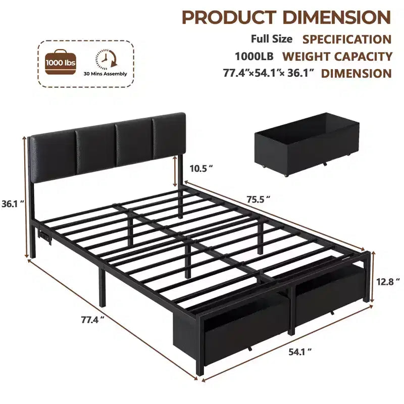 Cadre de lit plateforme rembourré pleine grandeur, lumières DEL, station de charge port USB, 2 tiroirs de rangement, pas besoin de sommier tapissier, simili cuir, métal, noir