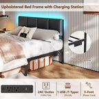 Cadre de lit plateforme rembourré pleine grandeur, lumières DEL, station de charge port USB, 2 tiroirs de rangement, pas besoin de sommier tapissier, simili cuir, métal, noir