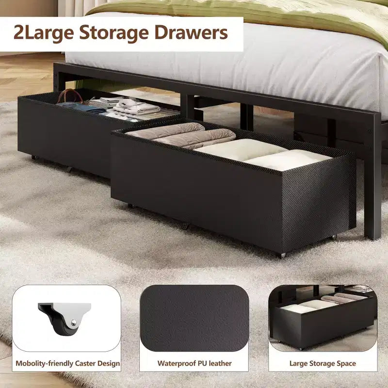 Cadre de lit plateforme rembourré pleine grandeur, lumières DEL, station de charge port USB, 2 tiroirs de rangement, pas besoin de sommier tapissier, simili cuir, métal, noir