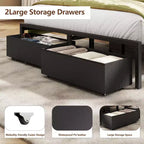 Cadre de lit plateforme rembourré pleine grandeur, lumières DEL, station de charge port USB, 2 tiroirs de rangement, pas besoin de sommier tapissier, simili cuir, métal, noir