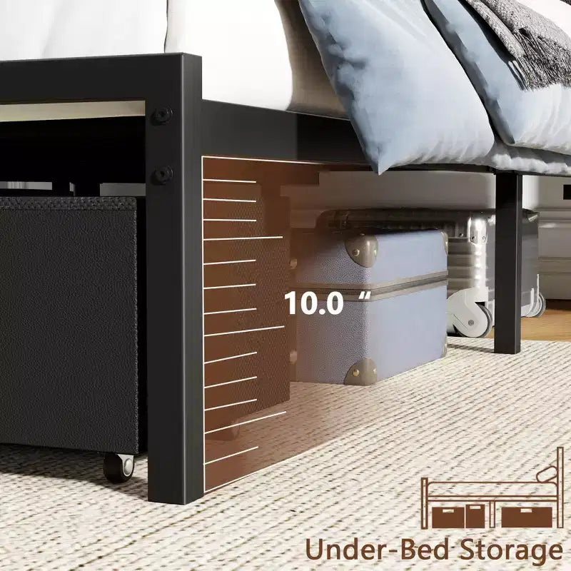 Cadre de lit plateforme rembourré pleine grandeur, lumières DEL, station de charge port USB, 2 tiroirs de rangement, pas besoin de sommier tapissier, simili cuir, métal, noir