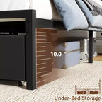 Cadre de lit plateforme rembourré pleine grandeur, lumières DEL, station de charge port USB, 2 tiroirs de rangement, pas besoin de sommier tapissier, simili cuir, métal, noir