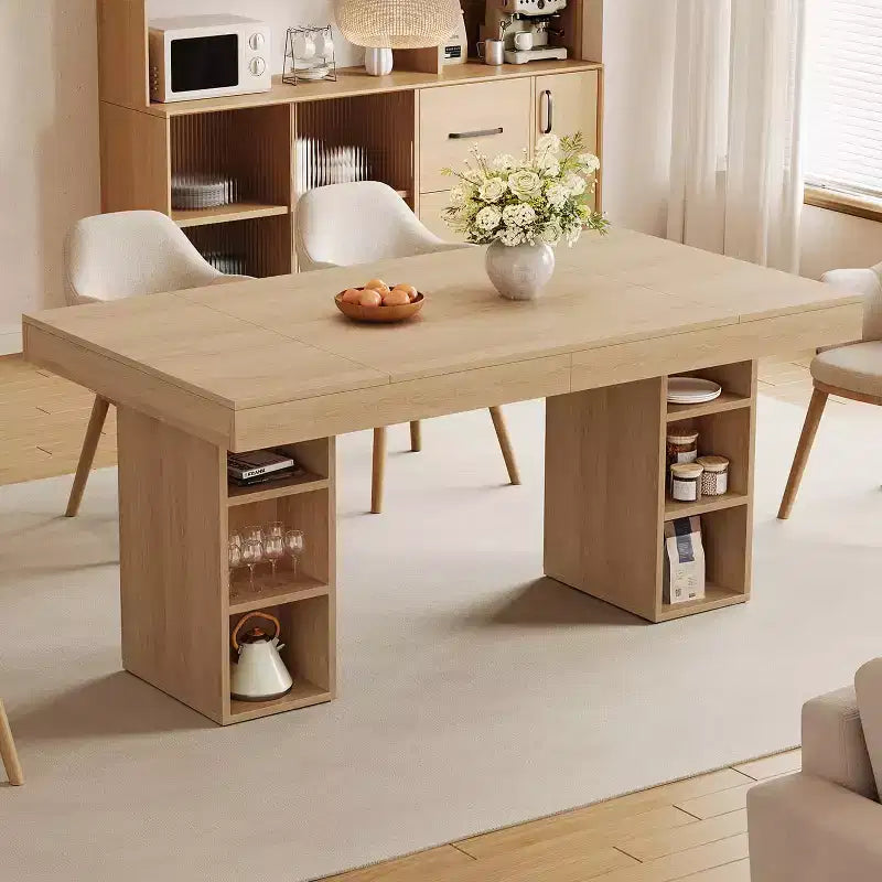 Table de salle à manger rectangulaire en bois à double piédestal pour 6 personnes, table de cuisine spacieuse avec rangement double face, table de salle à manger robuste pour la maison ou le bureau