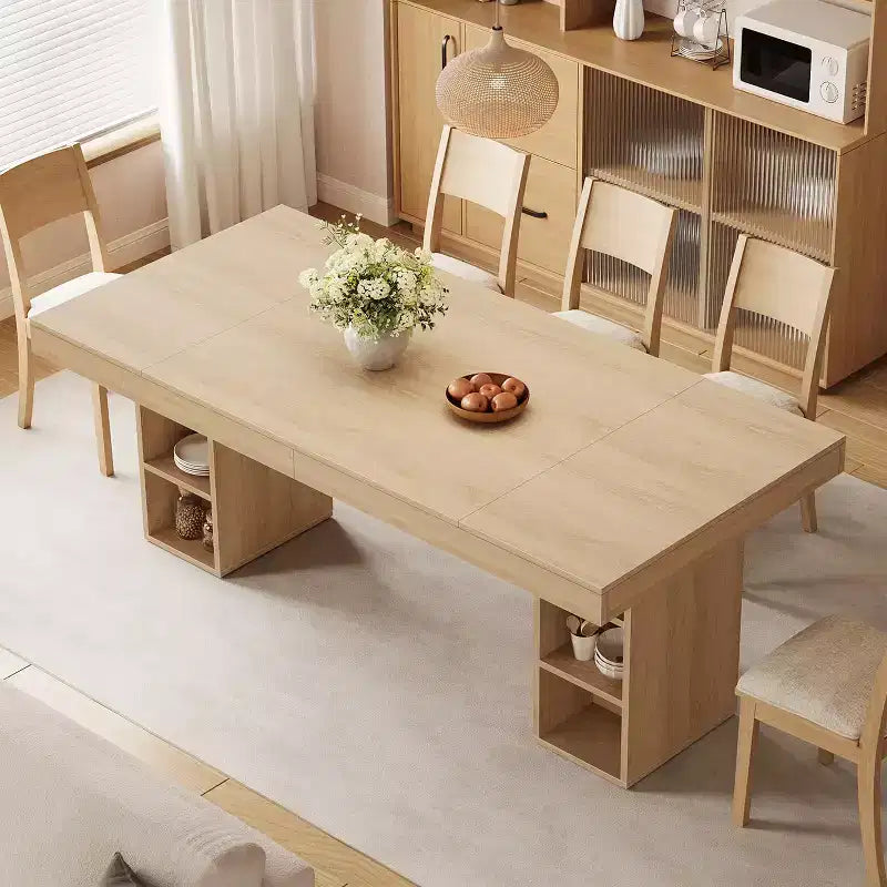 Table de salle à manger rectangulaire en bois à double piédestal pour 6 personnes, table de cuisine spacieuse avec rangement double face, table de salle à manger robuste pour la maison ou le bureau