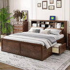 Lit plateforme King Size en bois avec tête de lit multi-rangements, USB et tiroirs, montage facile